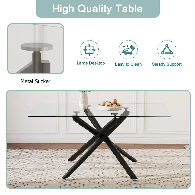 Grande table à manger rectangulaire moderne et minimaliste en verre pour 6 à 8 personnes avec plateau en verre trempé de 10 mm et pieds en métal noir