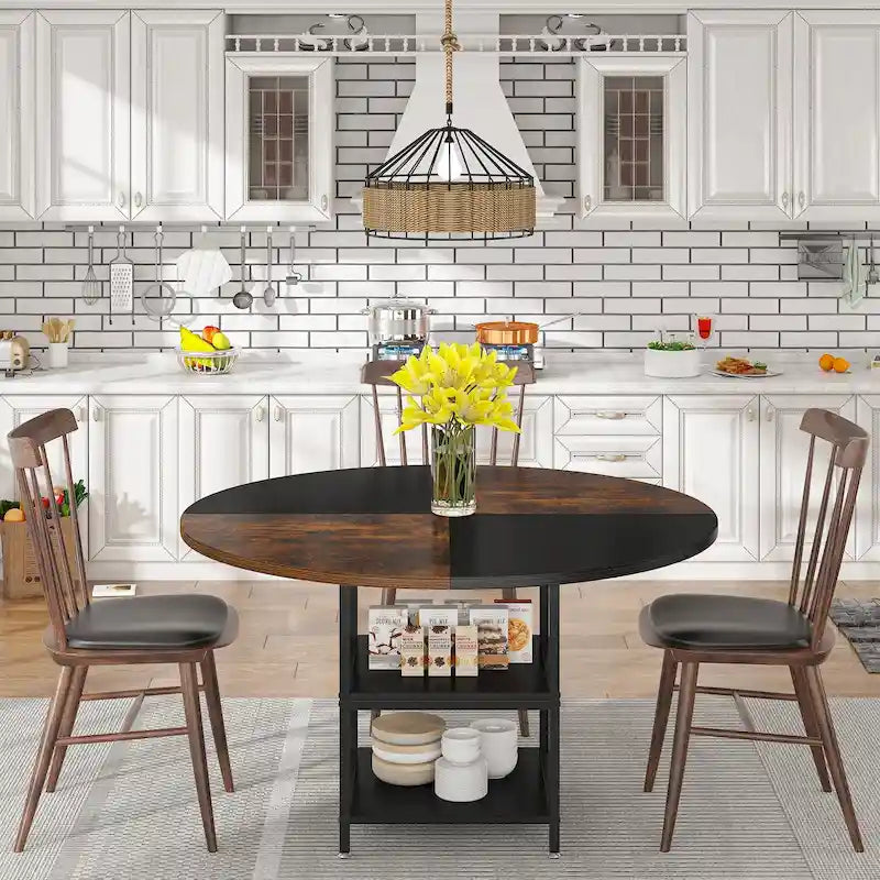 Table de salle à manger ronde de 47 pouces pour 4 personnes, tables de cuisine avec étagères de rangement à 2 niveaux