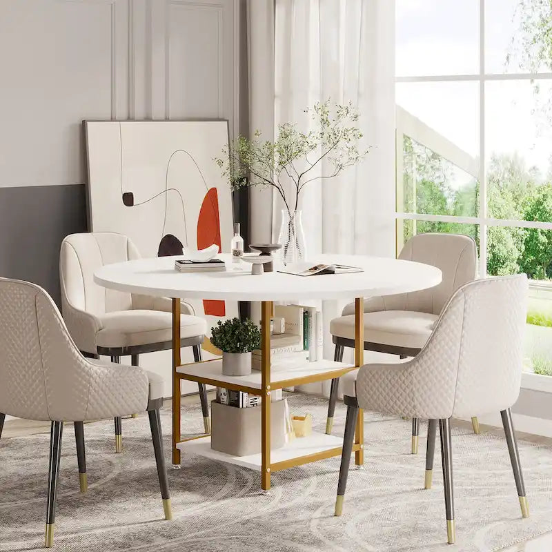 Table de salle à manger ronde de 47 pouces pour 4 personnes, tables de cuisine avec étagères de rangement à 2 niveaux