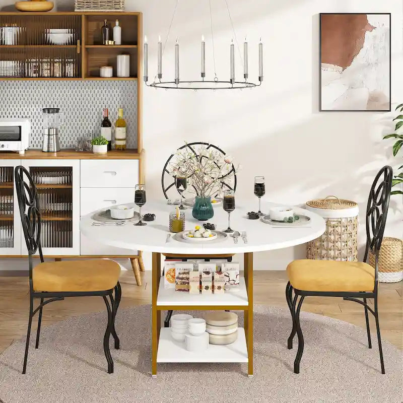 Table de salle à manger ronde de 47 pouces pour 4 personnes, tables de cuisine avec étagères de rangement à 2 niveaux