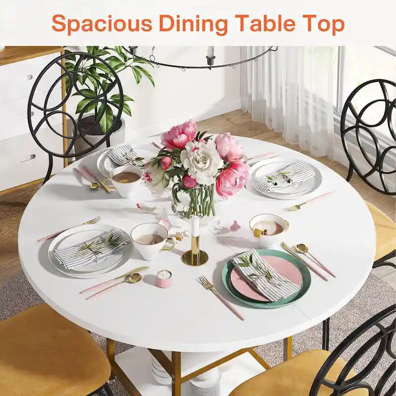 Table de salle à manger ronde de 47 pouces pour 4 personnes, tables de cuisine avec étagères de rangement à 2 niveaux
