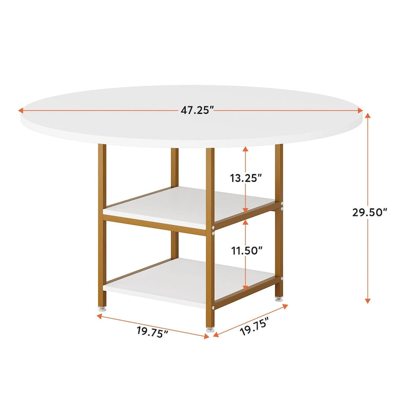 Table de salle à manger ronde de 47 pouces pour 4 personnes, tables de cuisine avec étagères de rangement à 2 niveaux