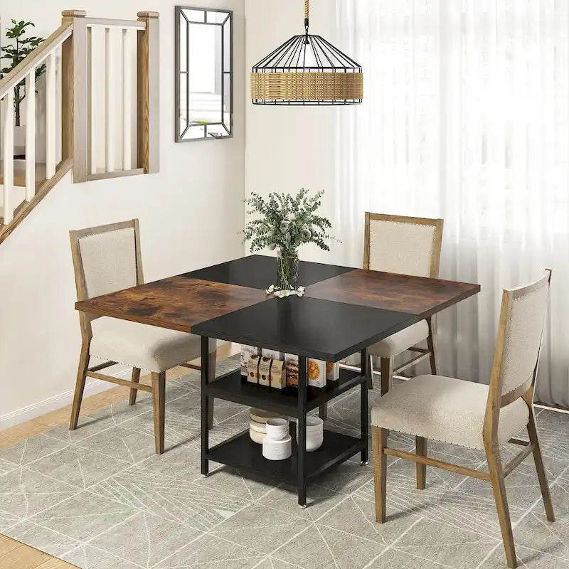 Table de salle à manger ronde de 47 pouces pour 4 personnes, tables de cuisine avec étagères de rangement à 2 niveaux