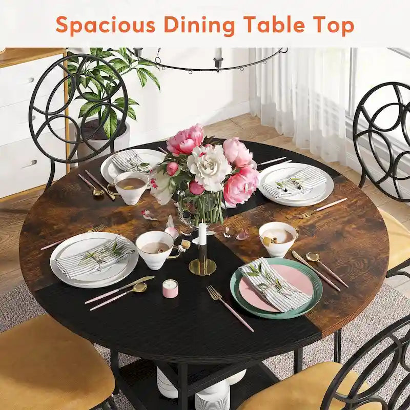 Table de salle à manger ronde de 47 pouces pour 4 personnes, tables de cuisine avec étagères de rangement à 2 niveaux