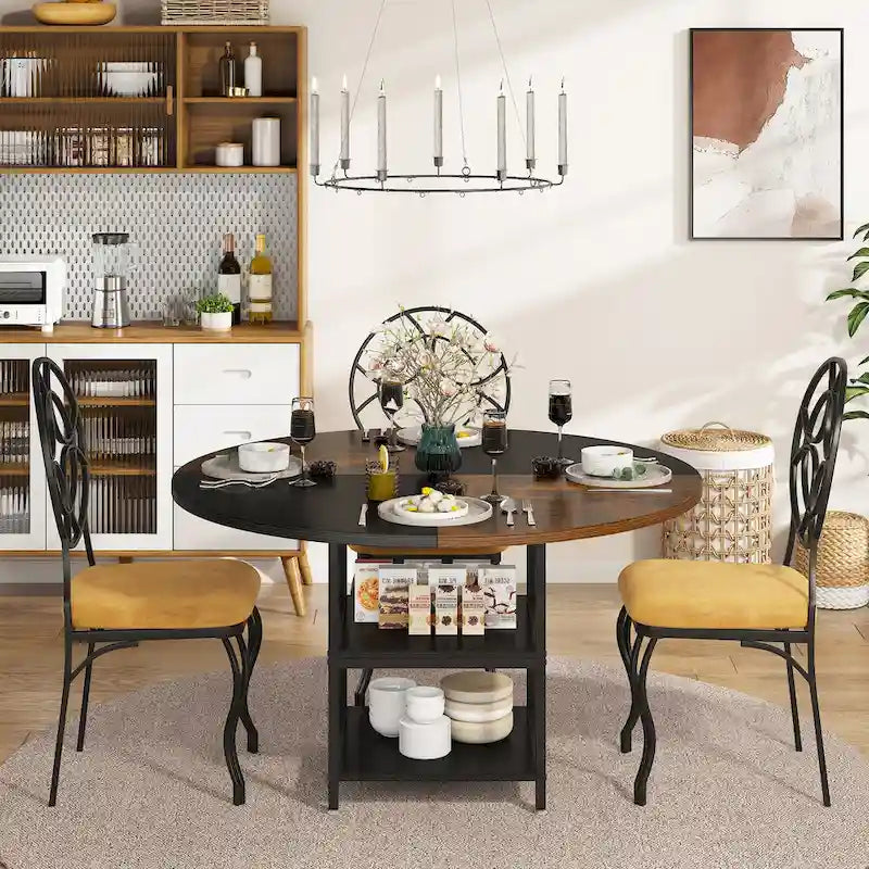 Table de salle à manger ronde de 47 pouces pour 4 personnes, tables de cuisine avec étagères de rangement à 2 niveaux