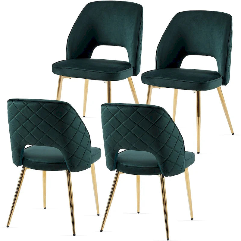 Chaises de salle à manger en velours avec pieds en métal et dossier évidé, lot de 4 chaises de salle à manger rembourrées
