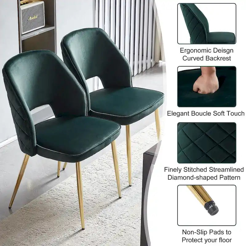 Chaises de salle à manger en velours avec pieds en métal et dossier évidé, lot de 4 chaises de salle à manger rembourrées