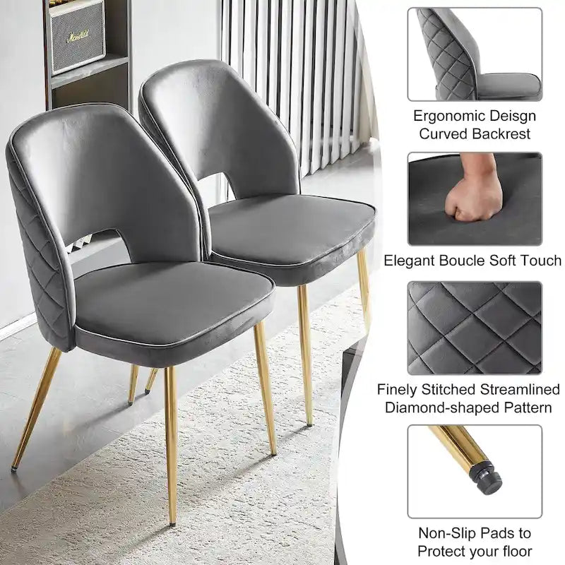 Chaises de salle à manger en velours avec pieds en métal et dossier évidé, lot de 4 chaises de salle à manger rembourrées