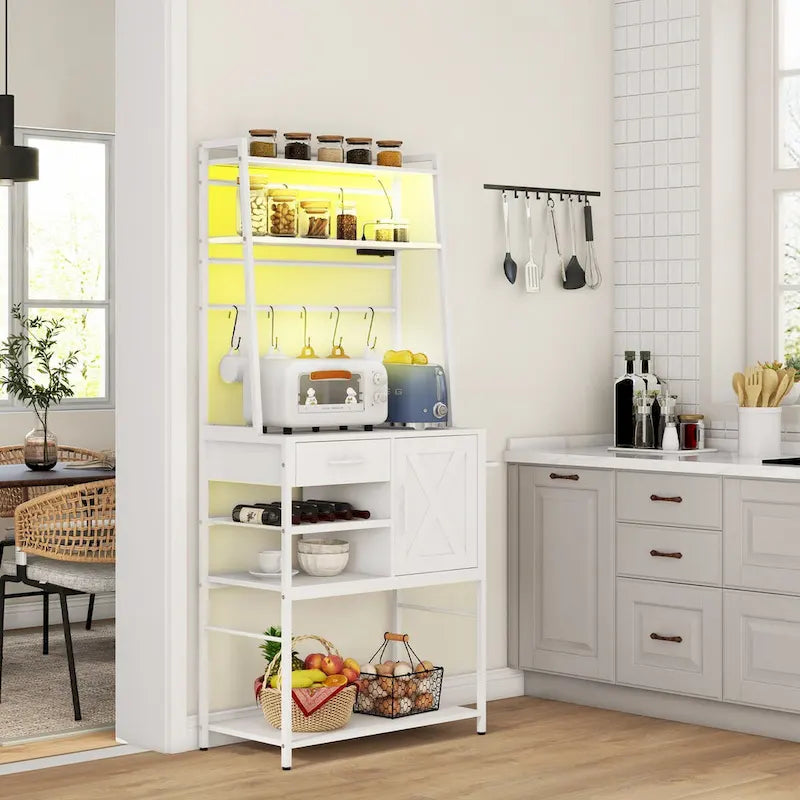 HOMCOM Baker's Rack with Power Outlet and LED Lights, Coffee Bar with Storage Shelves, Industrial Microwave Stand