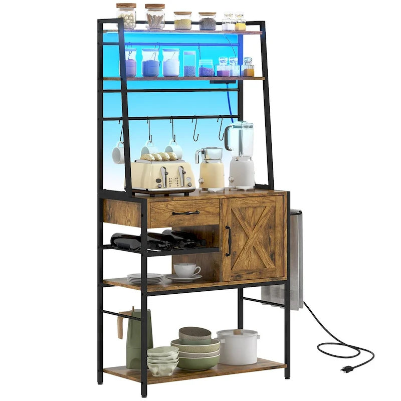 Étagère de Boulanger avec Prise de Courant et Lumières LED, Bar à Café avec Étagères de Rangement, Support de Micro-ondes Industriel