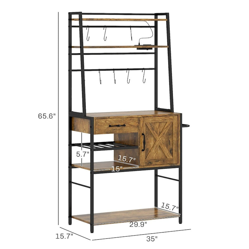 Étagère de Boulanger avec Prise de Courant et Lumières LED, Bar à Café avec Étagères de Rangement, Support de Micro-ondes Industriel
