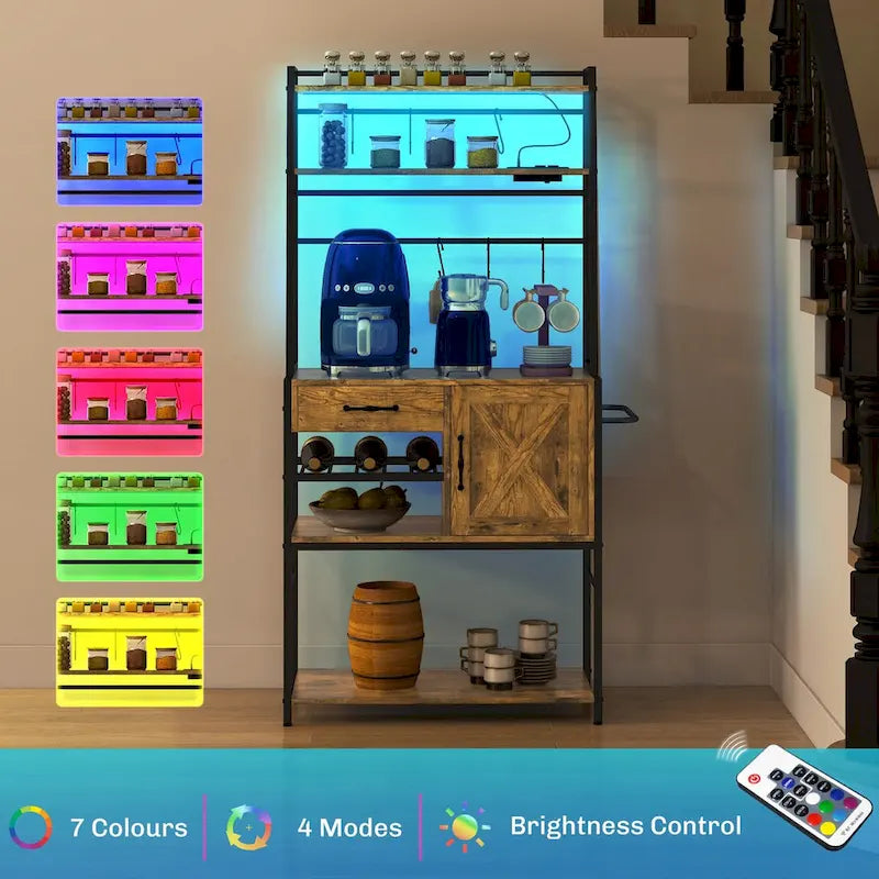 Étagère de Boulanger avec Prise de Courant et Lumières LED, Bar à Café avec Étagères de Rangement, Support de Micro-ondes Industriel