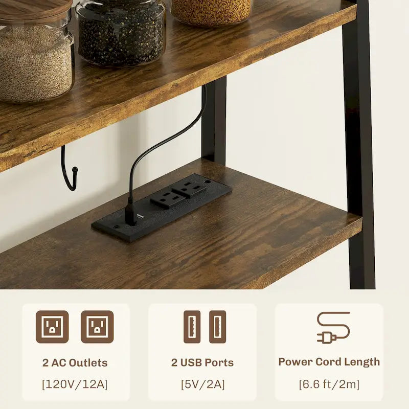 Étagère de Boulanger avec Prise de Courant et Lumières LED, Bar à Café avec Étagères de Rangement, Support de Micro-ondes Industriel
