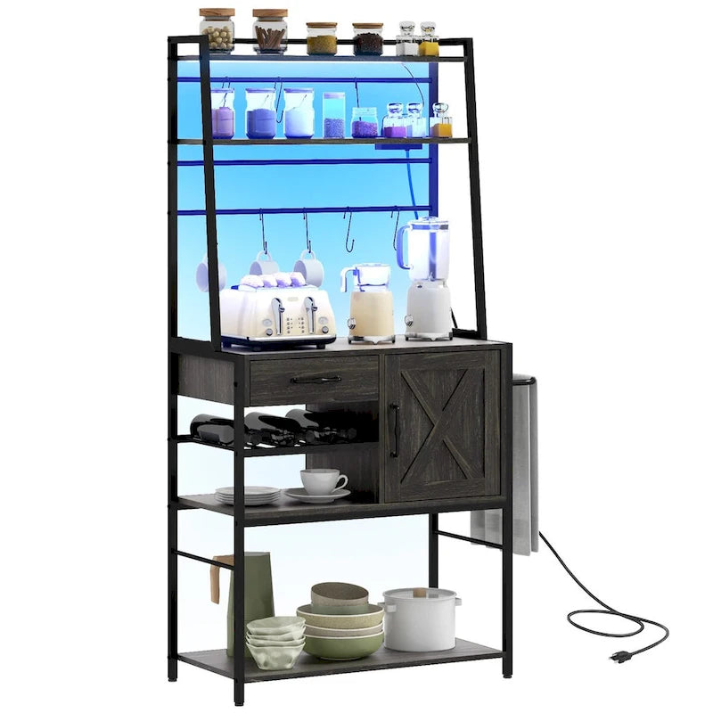 Étagère de Boulanger avec Prise de Courant et Lumières LED, Bar à Café avec Étagères de Rangement, Support de Micro-ondes Industriel