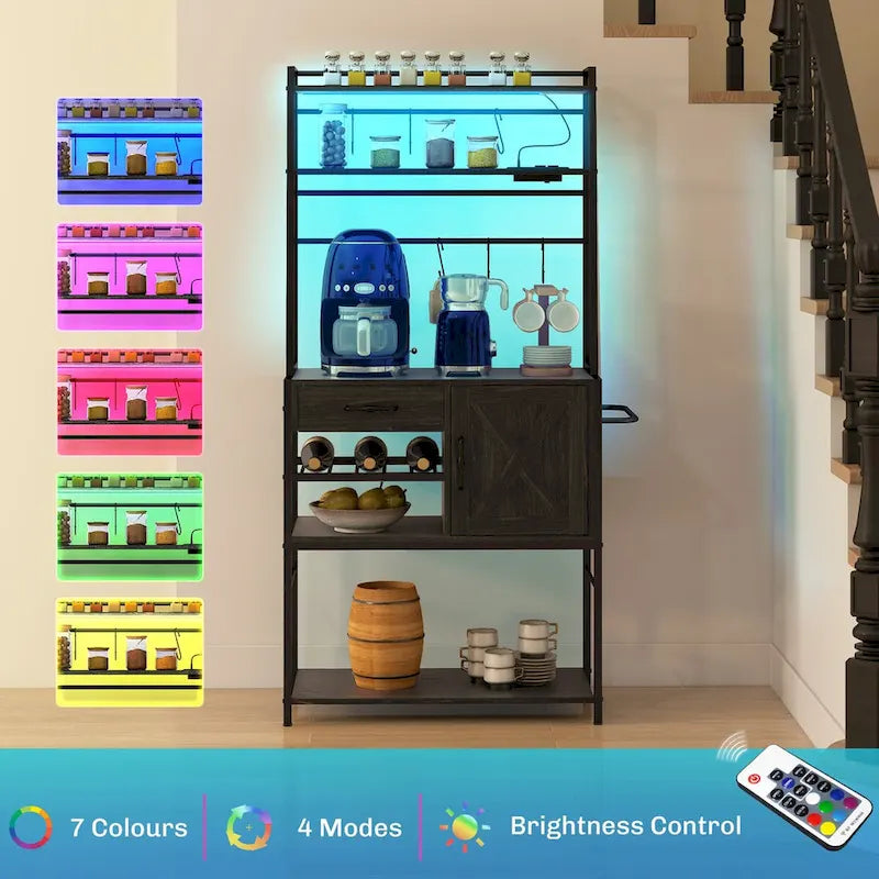 Étagère de Boulanger avec Prise de Courant et Lumières LED, Bar à Café avec Étagères de Rangement, Support de Micro-ondes Industriel